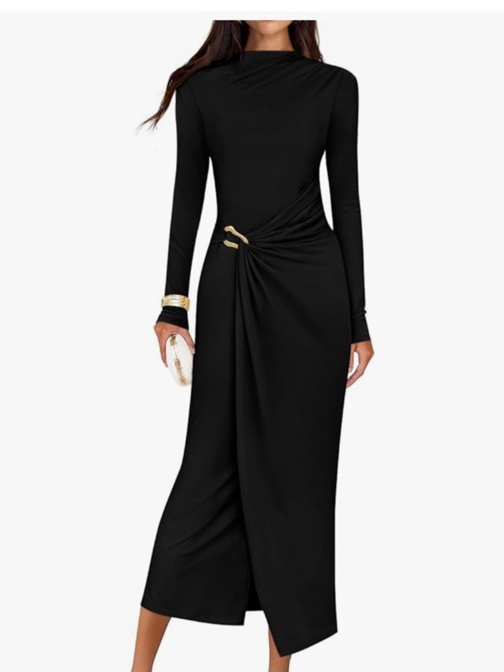 ZESICA Black Long Sleeve Midi Dress Mock Neck Ruched Cocktail or Wedding Guest M
